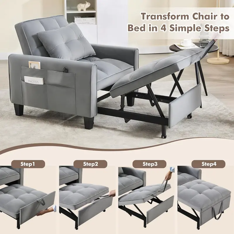 3-in-1 Velvet Sleeper Chair – Adjustable Backrest Pull-Out Bed with Compact Single-Sofa Design