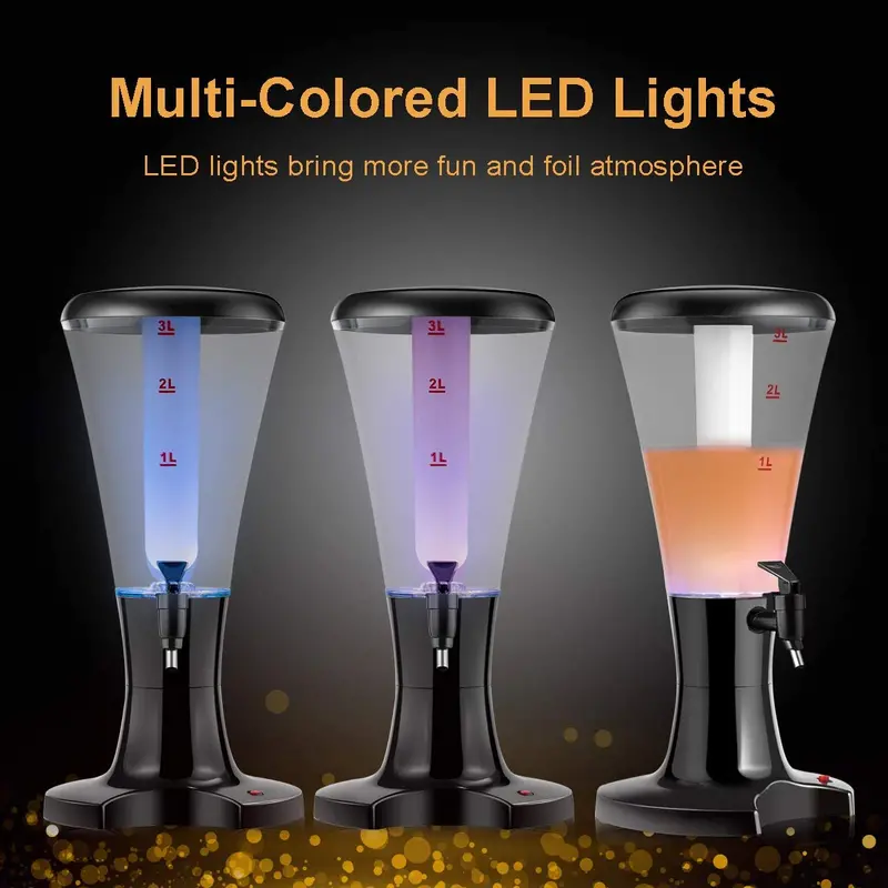 3-Liter LED-Illuminated Beer Tower Dispenser with Removable Ice Tube