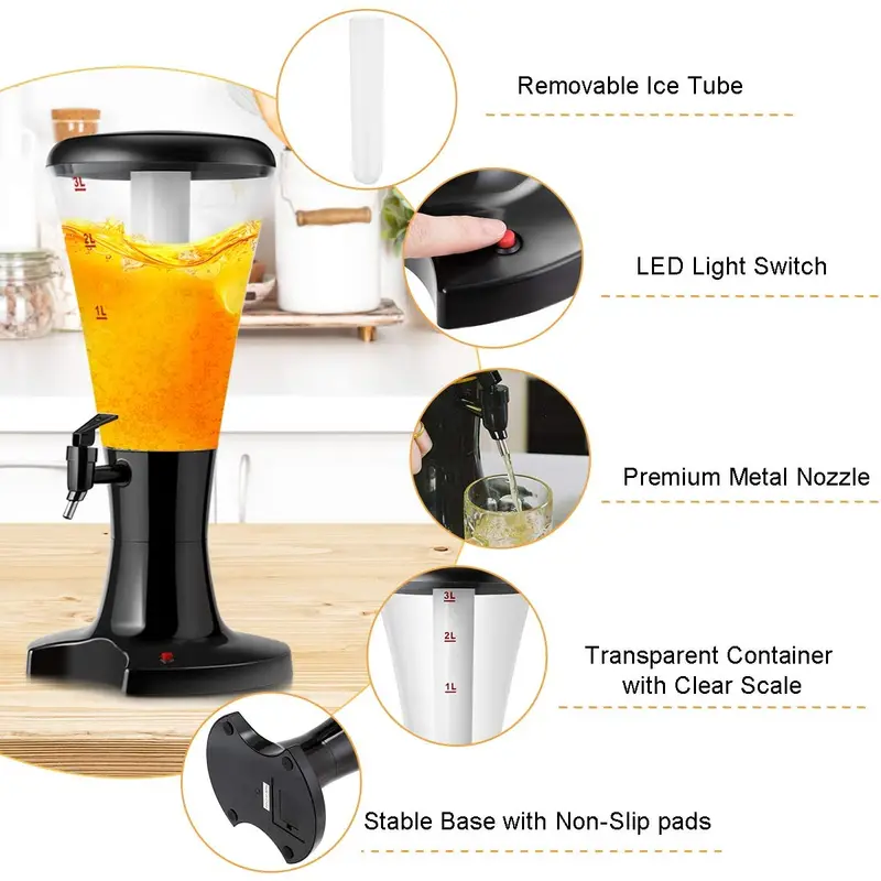 3-Liter LED-Illuminated Beer Tower Dispenser with Removable Ice Tube