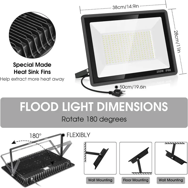 3-Pack Super-Bright 200W LED Flood Lights – IP66 Waterproof Exterior Security Lighting, 22,800 Lumens, 5000K Daylight White for Yard, Garden & Sports Areas