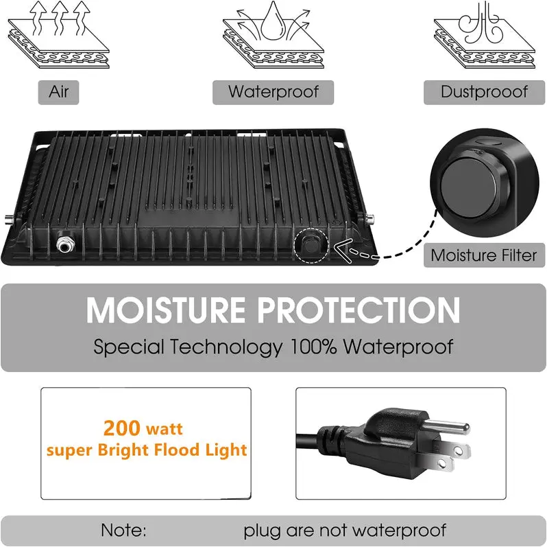3-Pack Super-Bright 200W LED Flood Lights – IP66 Waterproof Exterior Security Lighting, 22,800 Lumens, 5000K Daylight White for Yard, Garden & Sports Areas
