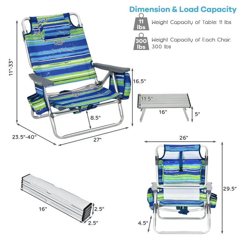 3-Piece Backpack Beach Chair Set – Portable Camping Chairs with Built-In Cooler Bag and Cup Holders