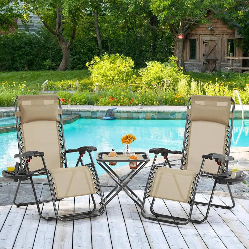3-Piece Portable Zero Gravity Recliner Set with Side Tables & Foldable Chaise Lounges