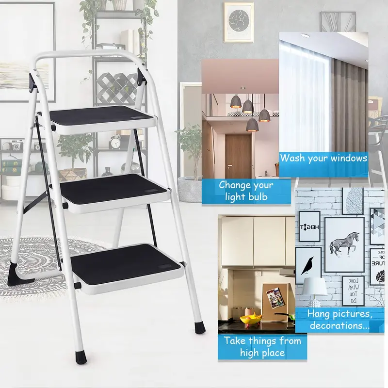3-Step Folding Steel Stepladder – Heavy-Duty, 340-Lb Capacity, Space-Saving Design