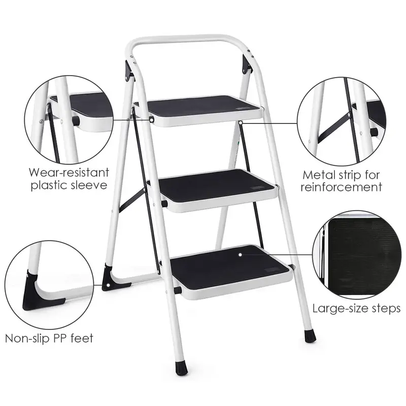3-Step Folding Steel Stepladder – Heavy-Duty, 340-Lb Capacity, Space-Saving Design