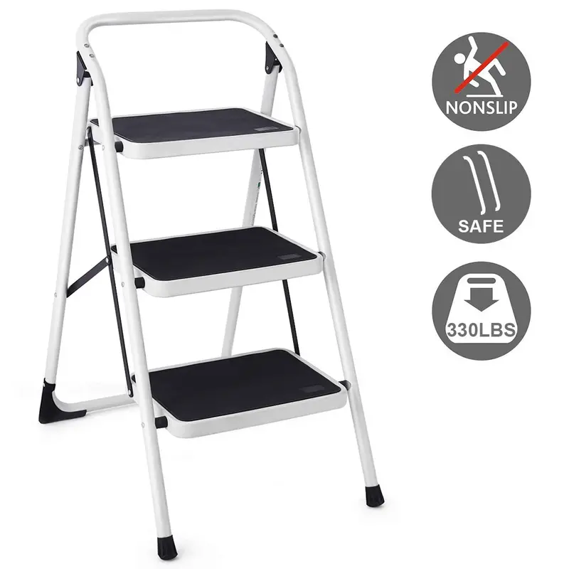 3-Step Folding Steel Stepladder – Heavy-Duty, 340-Lb Capacity, Space-Saving Design