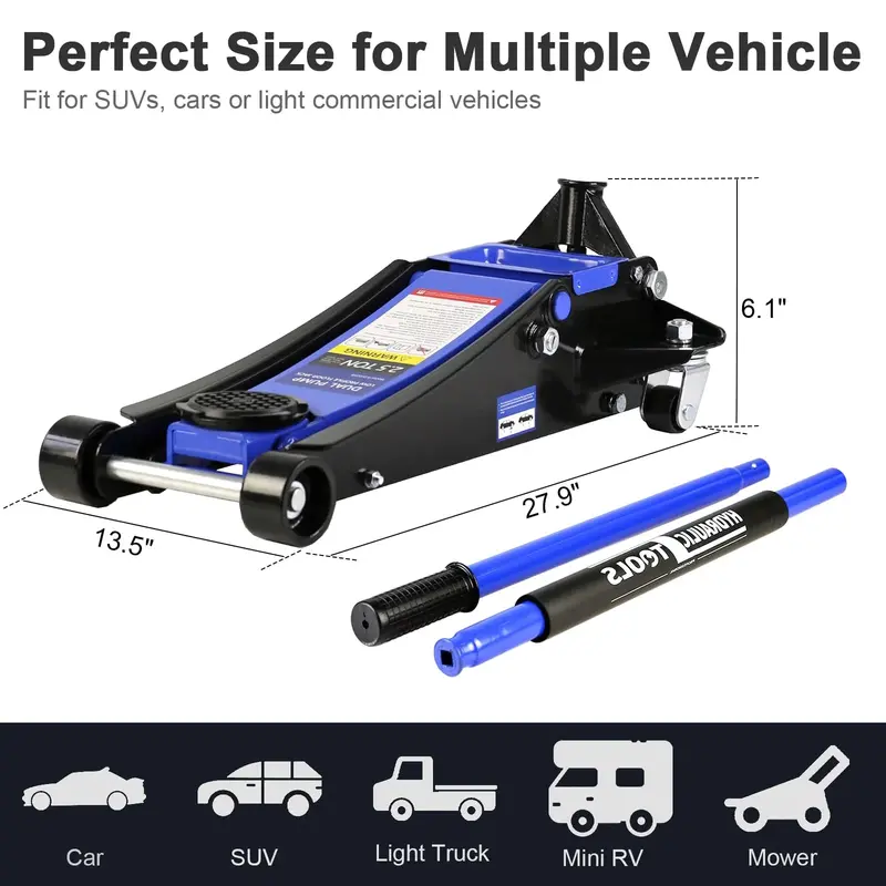 3-Ton Low-Profile Hydraulic Floor Jack – Dual-Piston Quick-Lift, 5.1"–20" Lift Range