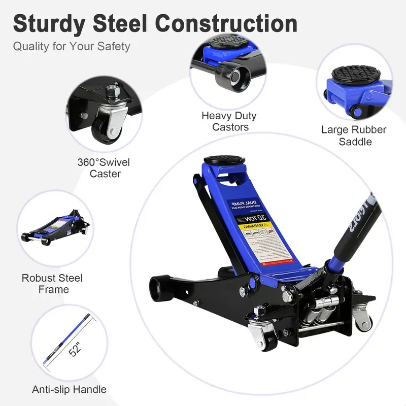 3-Ton Low-Profile Hydraulic Floor Jack – Dual-Piston Quick-Lift, 5.1"–20" Lift Range