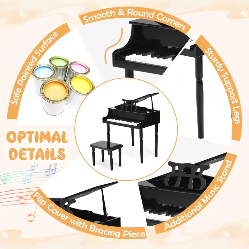 30-Key Wooden Classical Piano for Kids – Mini Grand-Style Learning Instrument with Matching Bench
