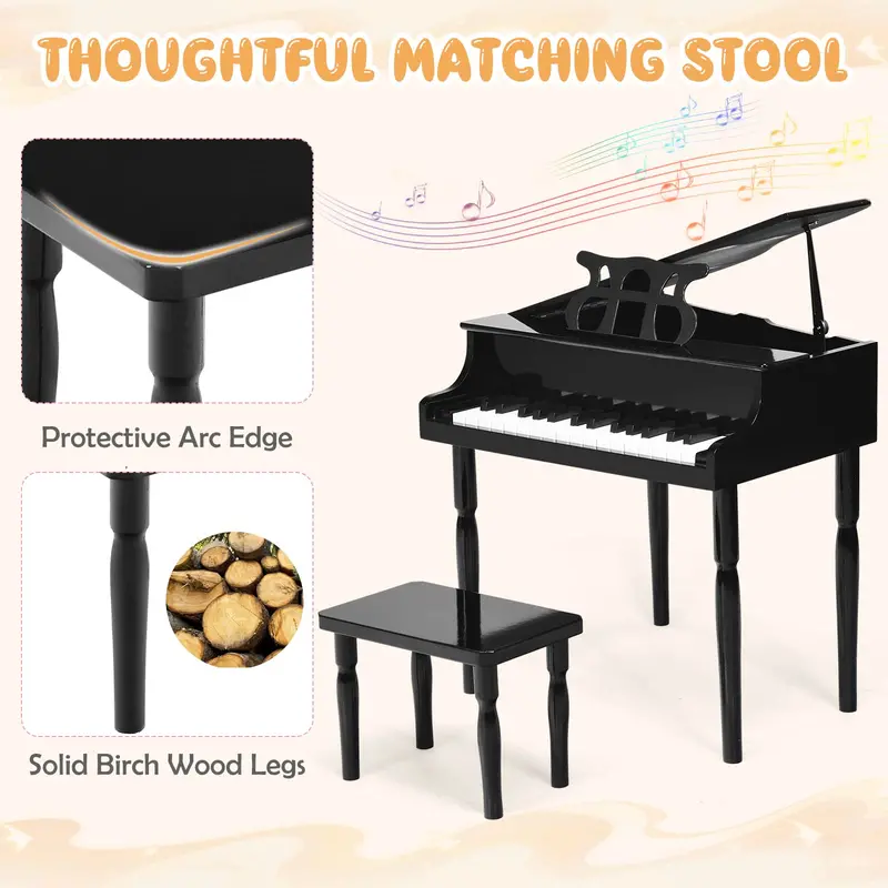 30-Key Wooden Classical Piano for Kids – Mini Grand-Style Learning Instrument with Matching Bench