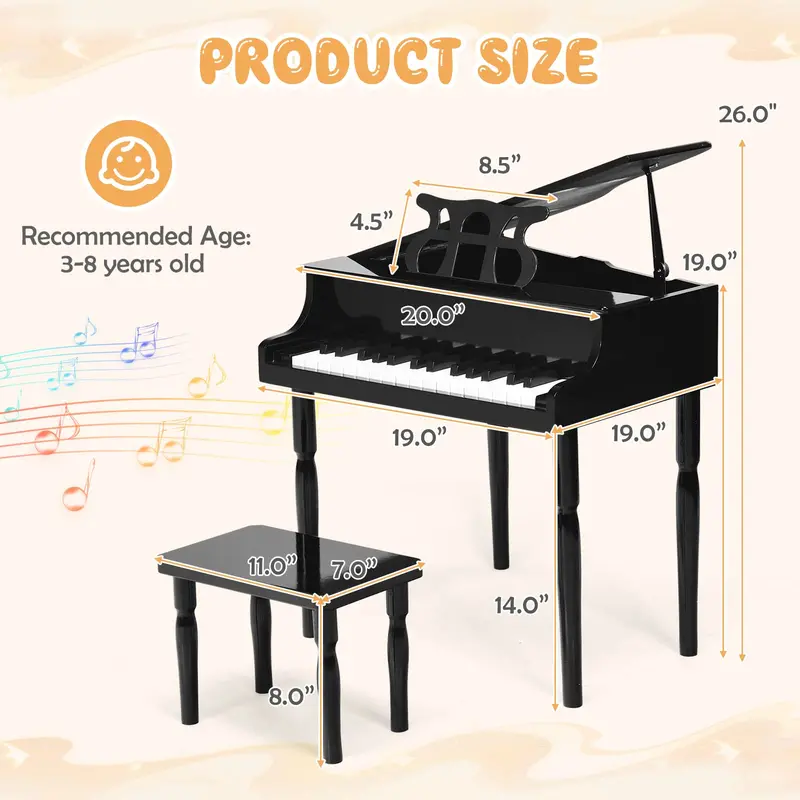 30-Key Wooden Classical Piano for Kids – Mini Grand-Style Learning Instrument with Matching Bench