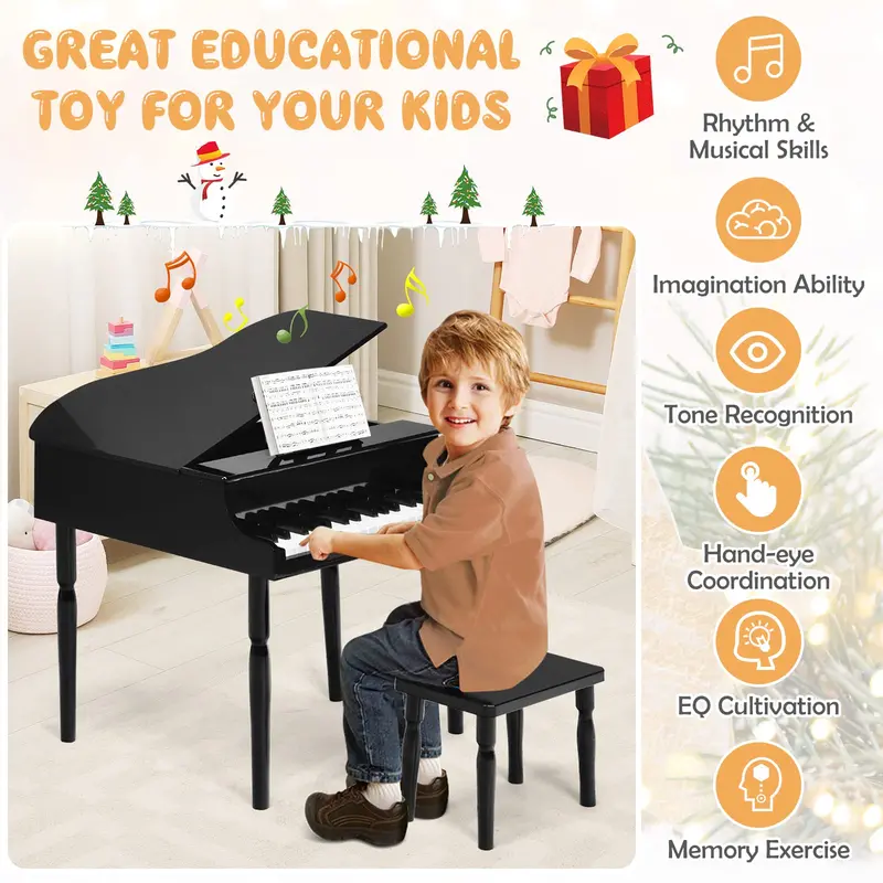 30-Key Wooden Classical Piano for Kids – Mini Grand-Style Learning Instrument with Matching Bench