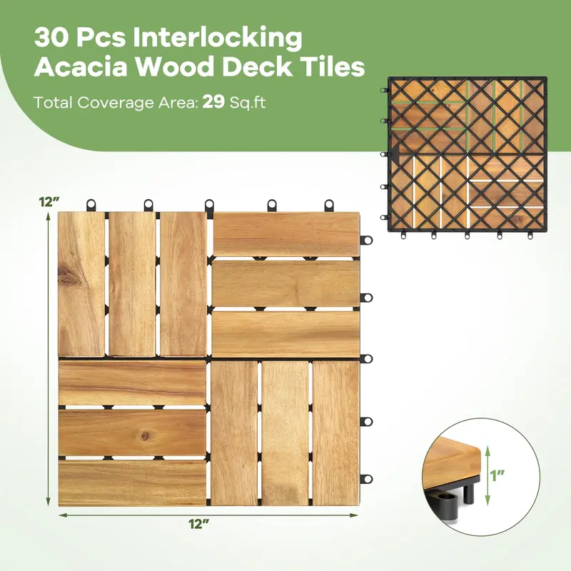 30-Piece Snap-Lock Outdoor Flooring Kit – 12-Inch by 12-Inch Interlocking Deck Tiles for Patios and Garages