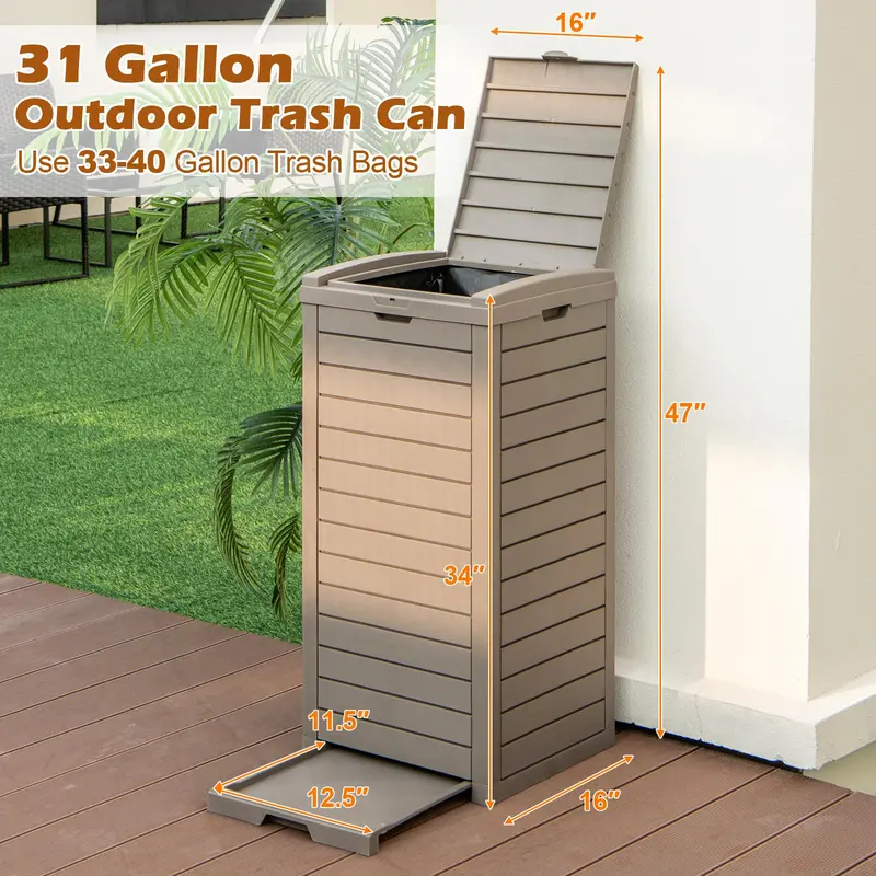 31-Gallon Outdoor Trash Can with Lid and Pull-Out Drain Drawer for Liquids