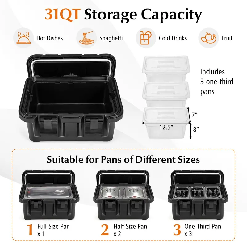 31-Quart Insulated Food Pan Carrier with Stackable Transparent 1/3 Pans and Lids