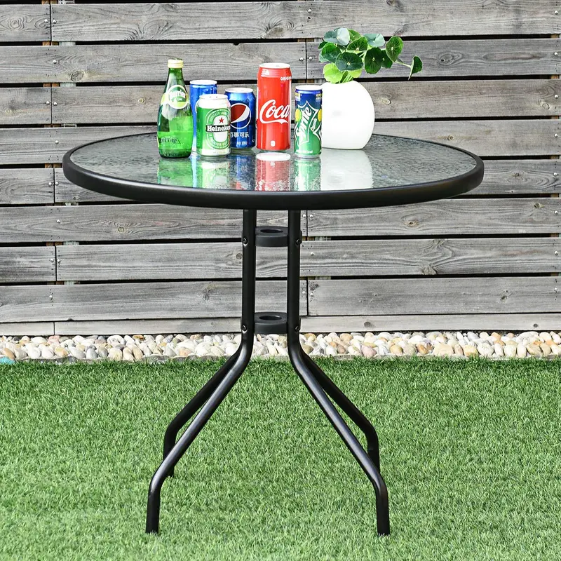 32-Inch Round Patio Dining Table – Tempered Glass Top on Powder-Coated Steel Frame