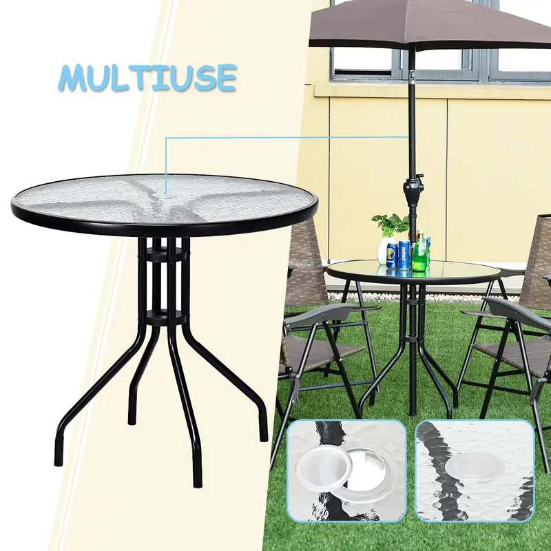 32-Inch Round Patio Dining Table – Tempered Glass Top on Powder-Coated Steel Frame