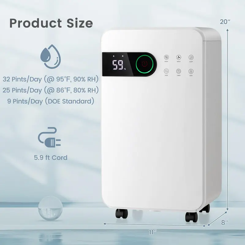 32-Pint Home Dehumidifier with Child Lock, Sleep Mode & Color-Coded LED Indicator 2