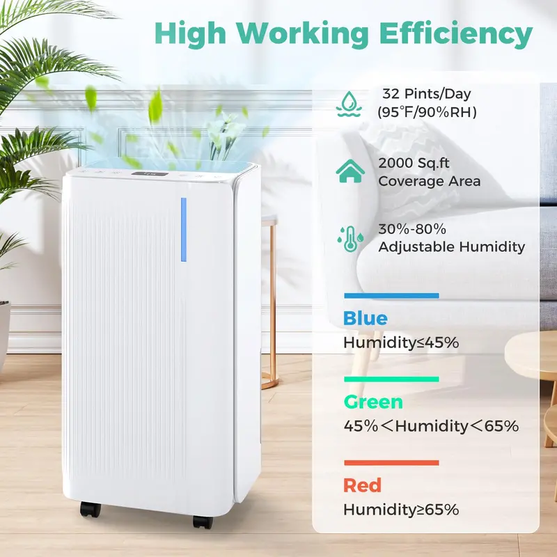 32-Pint Portable Dehumidifier for Homes & Basements – 2,000 Sq. Ft Coverage with Continuous Drainage 2
