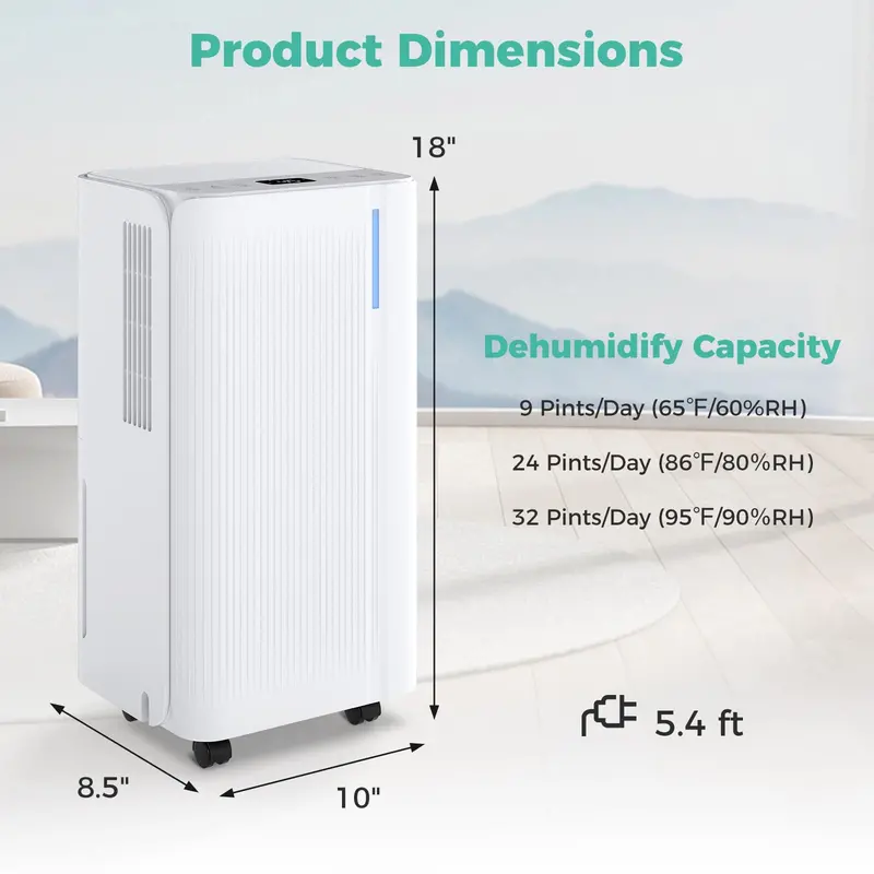 32-Pint Portable Dehumidifier for Homes & Basements – 2,000 Sq. Ft Coverage with Continuous Drainage