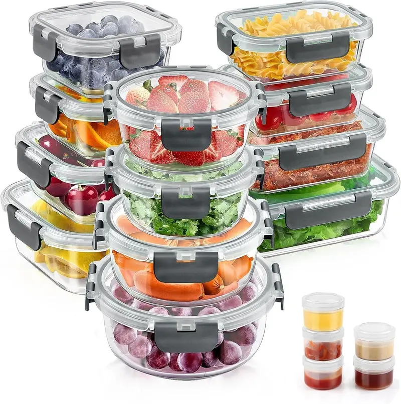 34-Piece Airtight Glass Food Storage Set – 17 Containers + 17 Lids for Meal Prep (Grey)