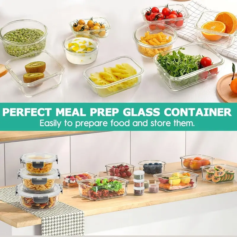 34-Piece Airtight Glass Food Storage Set – 17 Containers + 17 Lids for Meal Prep (Grey)