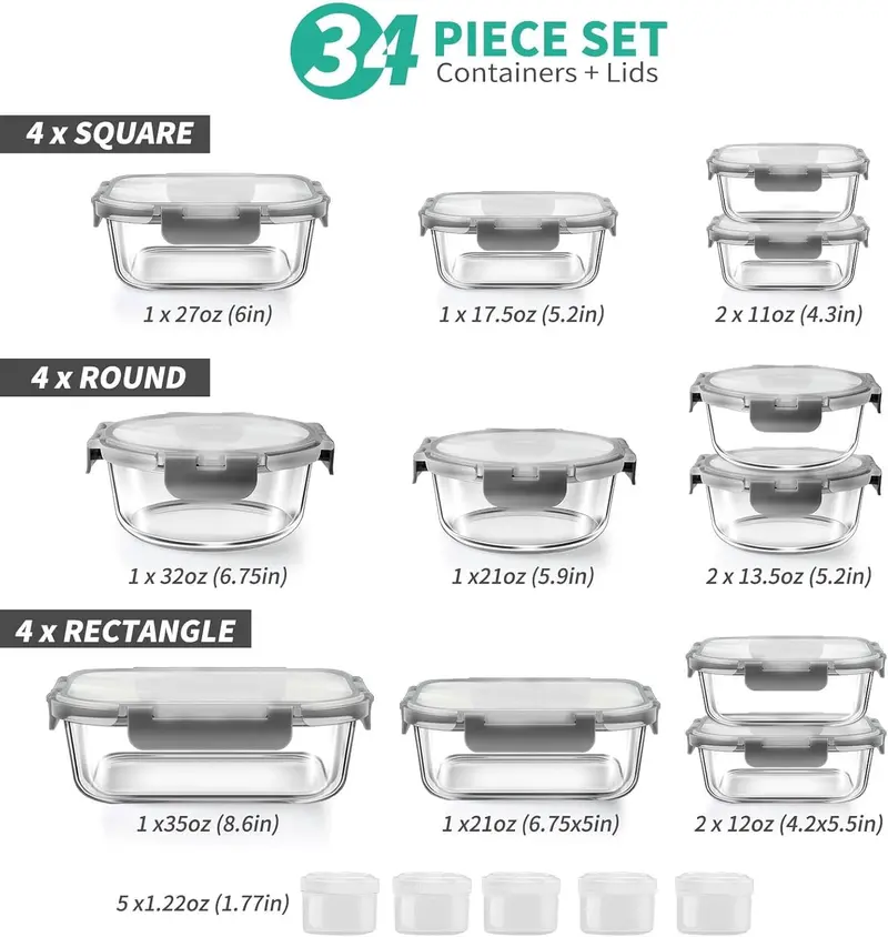 34-Piece Airtight Glass Food Storage Set – 17 Containers + 17 Lids for Meal Prep (Grey)
