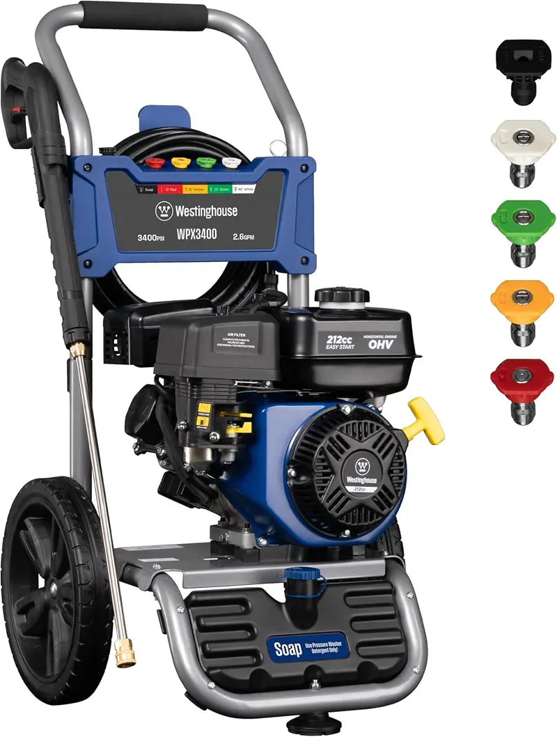 3400 PSI Gas-Powered Pressure Washer – 2.6 GPM, Onboard Detergent Tank, 5-Point Nozzle System, CARB-Certified Cleaning for Vehicles, Decks, Driveways & More