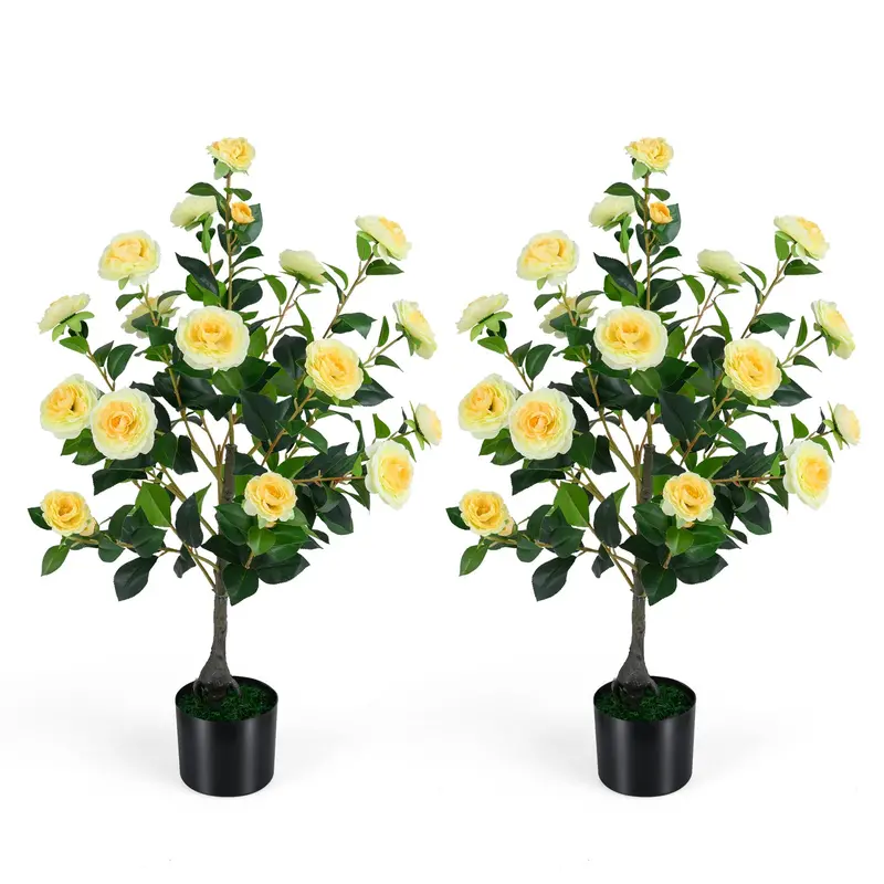 35.5-Inch Faux Camellia Tree with Cement Planter – Lifelike Blooming Plant 2