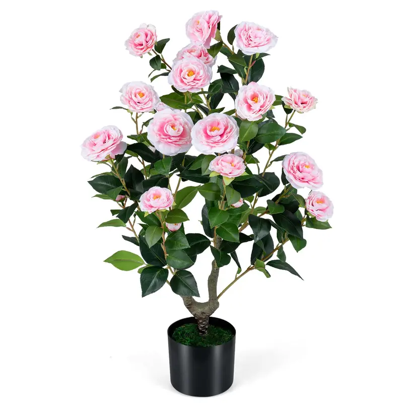 35.5-Inch Faux Camellia Tree with Cement Planter – Lifelike Blooming Plant