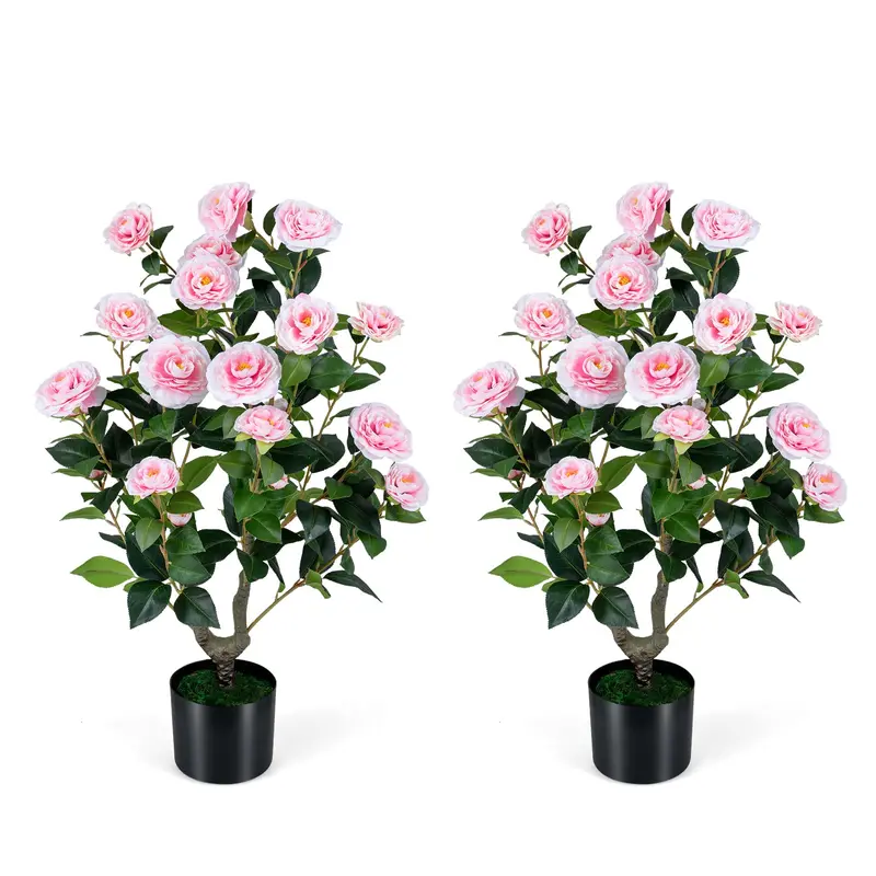 35.5-Inch Faux Camellia Tree with Cement Planter – Lifelike Blooming Plant