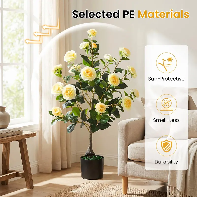 35.5-Inch Faux Camellia Tree with Cement Planter – Lifelike Blooming Plant