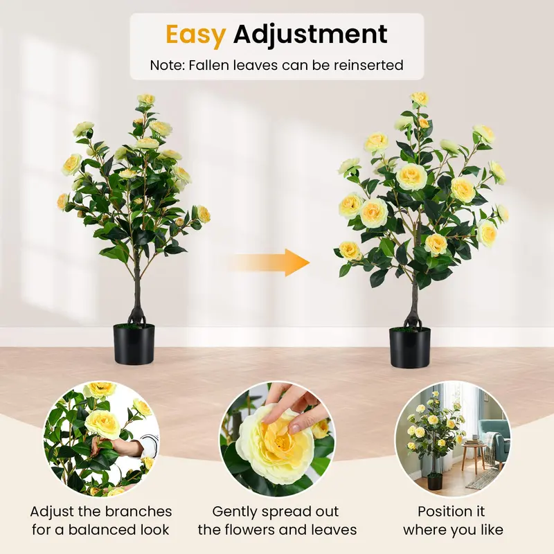 35.5-Inch Faux Camellia Tree with Cement Planter – Lifelike Blooming Plant