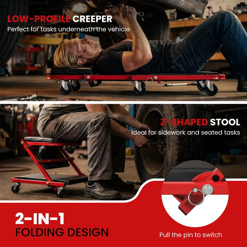 36-Inch Folding Automotive Creeper with Cushioned Seat and Six Swivel Casters 2