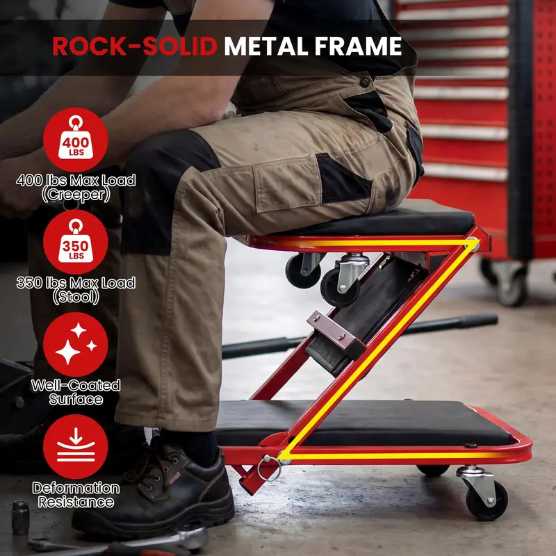 36-Inch Folding Automotive Creeper with Cushioned Seat and Six Swivel Casters