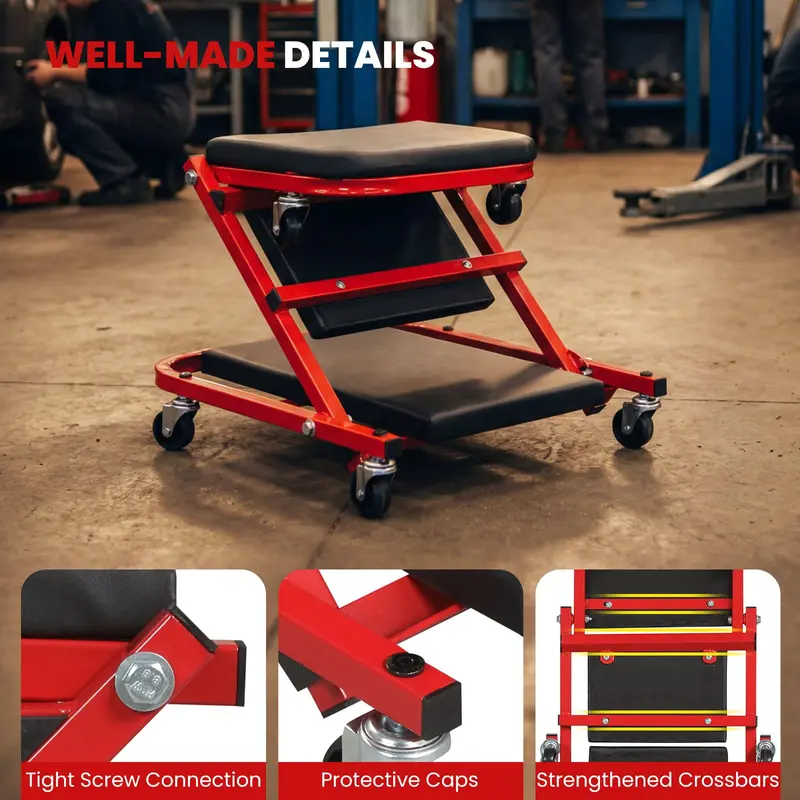 36-Inch Folding Automotive Creeper with Cushioned Seat and Six Swivel Casters