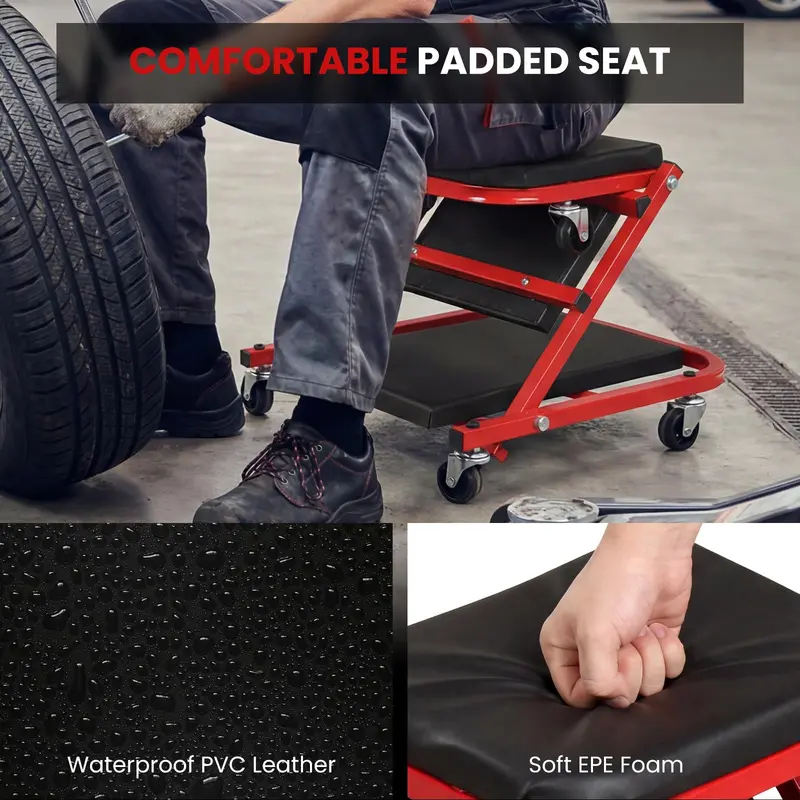 36-Inch Folding Automotive Creeper with Cushioned Seat and Six Swivel Casters