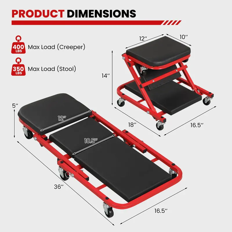 36-Inch Folding Automotive Creeper with Cushioned Seat and Six Swivel Casters