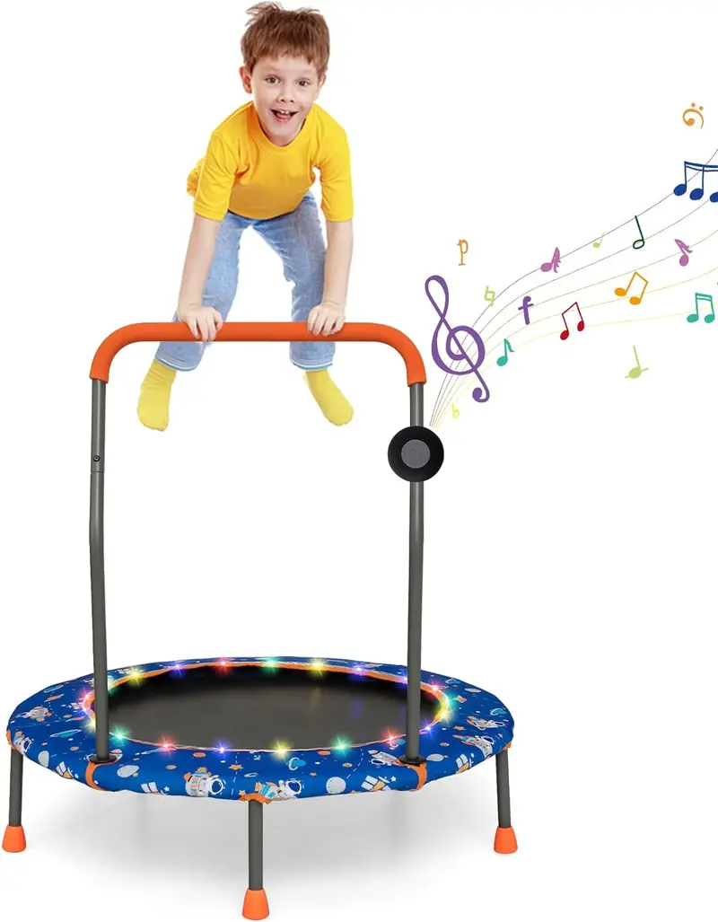 36-Inch LED-Trimmable Kids Trampoline with Bluetooth Speaker & Safety Net