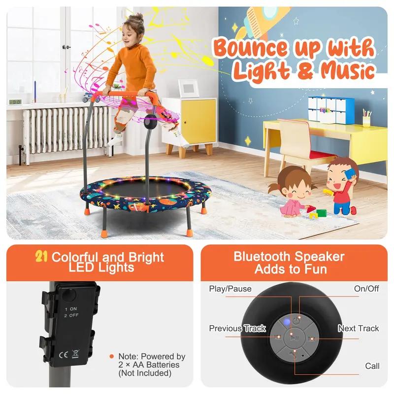 36-Inch LED-Trimmable Kids Trampoline with Bluetooth Speaker & Safety Net