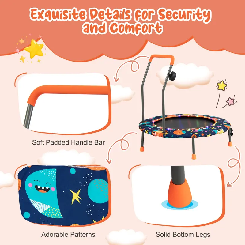 36-Inch LED-Trimmable Kids Trampoline with Bluetooth Speaker & Safety Net