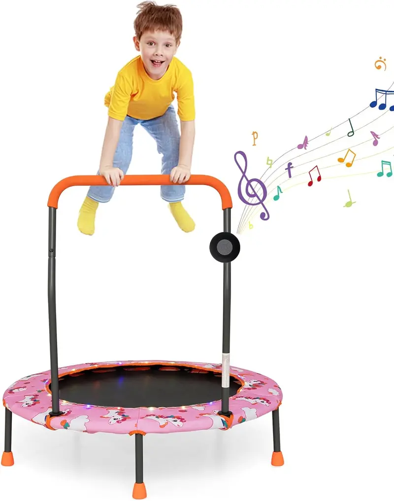36-Inch LED-Trimmable Kids Trampoline with Bluetooth Speaker & Safety Net