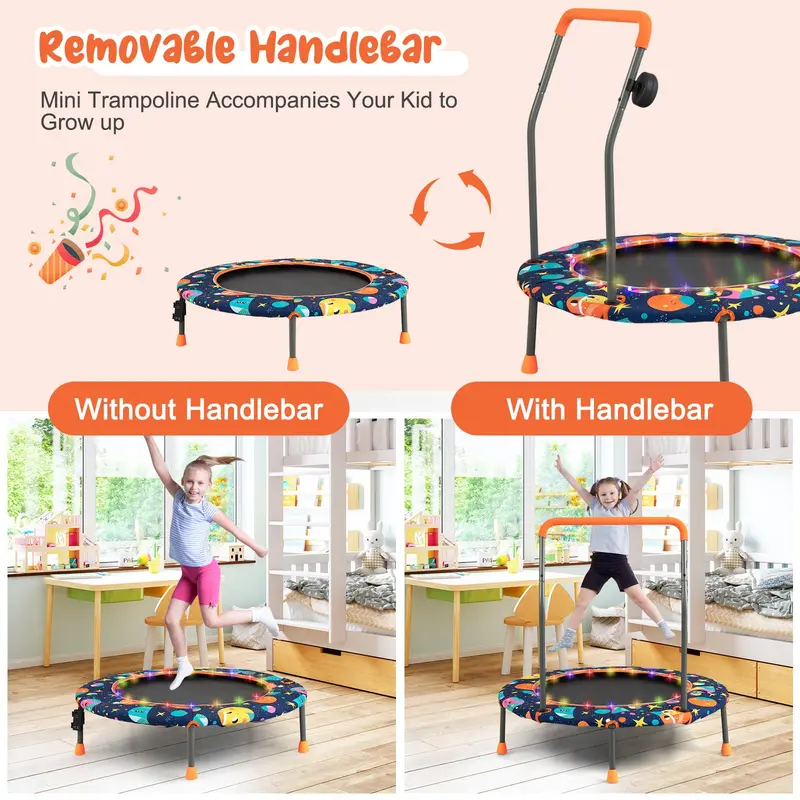 36-Inch LED-Trimmable Kids Trampoline with Bluetooth Speaker & Safety Net