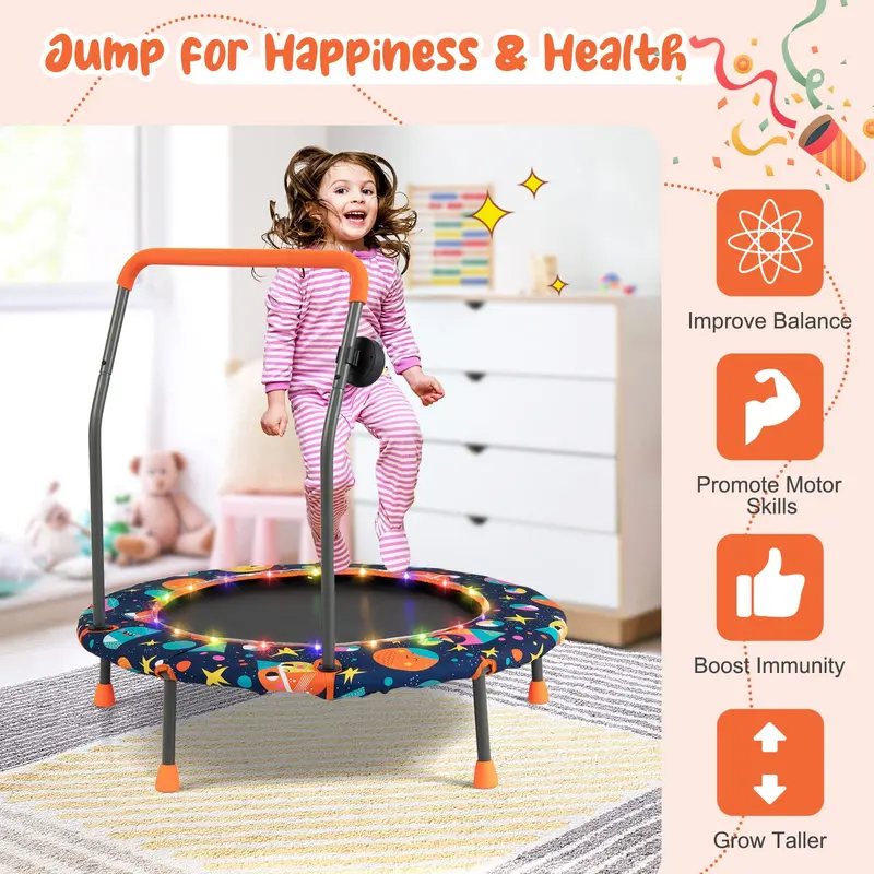 36-Inch LED-Trimmable Kids Trampoline with Bluetooth Speaker & Safety Net