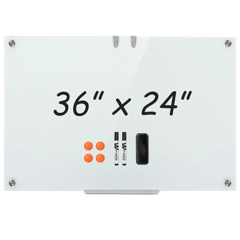 36" x 24" Magnetic Glass Dry-Erase Board – Includes Eraser, Modern Whiteboard Surface