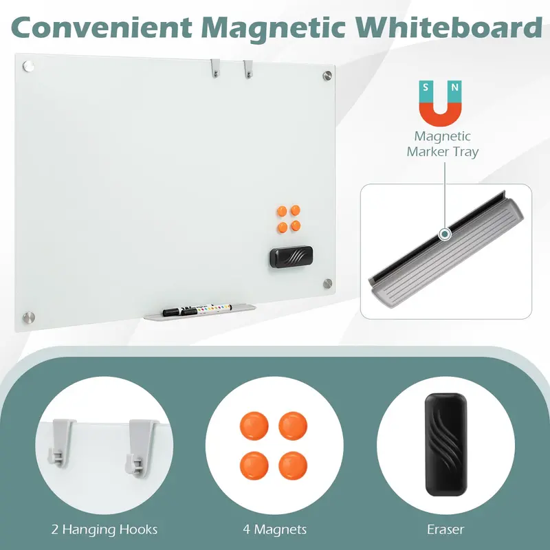 36" x 24" Magnetic Glass Dry-Erase Board – Includes Eraser, Modern Whiteboard Surface