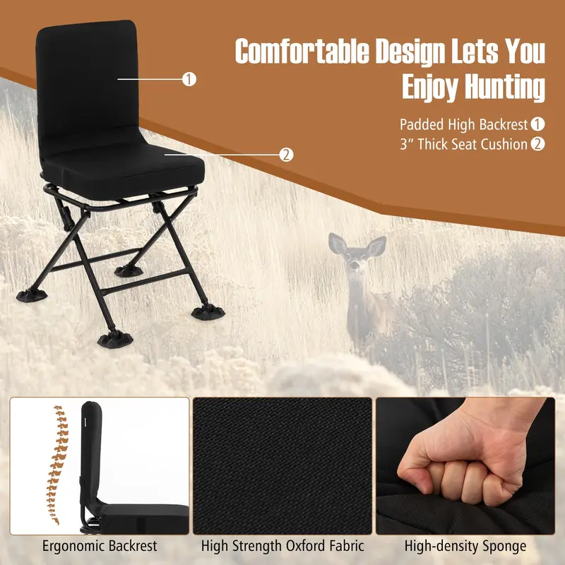 360° Rotating Hunting Chair with Duck-Foot Stabilizers for Uneven Terrain