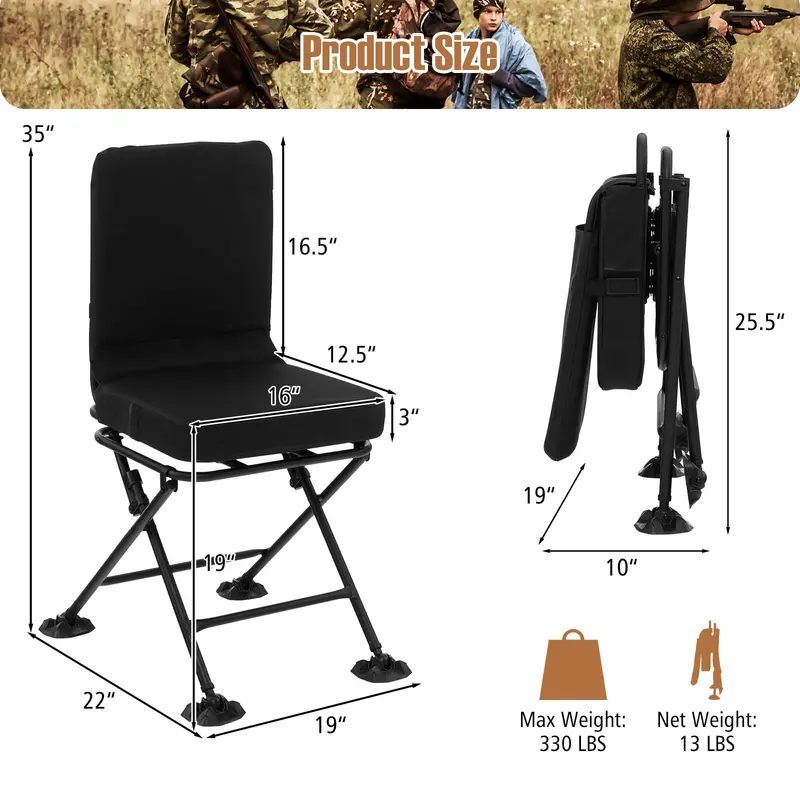 360° Rotating Hunting Chair with Duck-Foot Stabilizers for Uneven Terrain