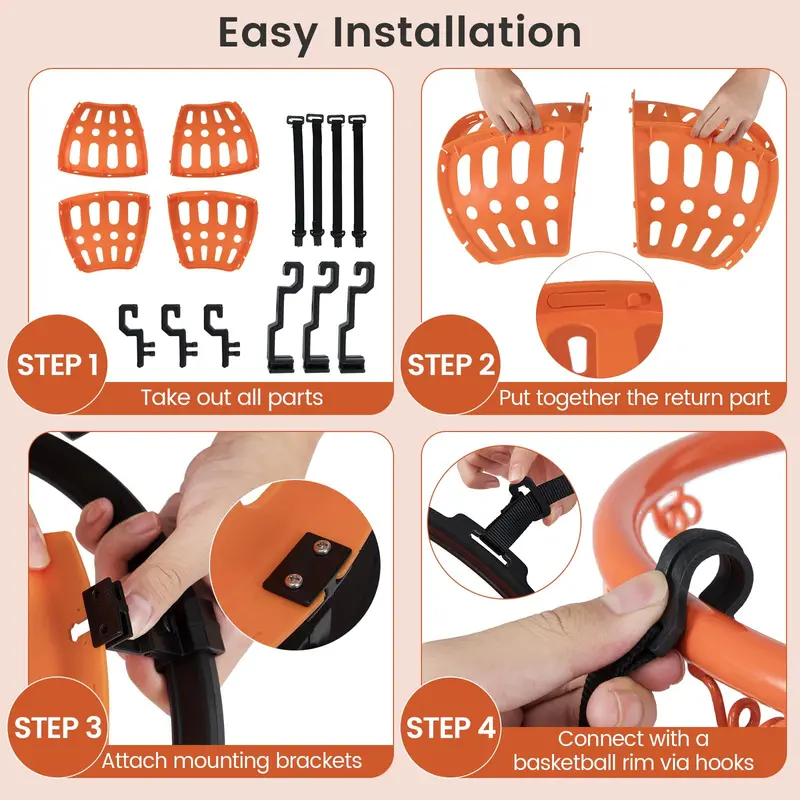 360° Swivel Basketball Return System with Four Quick-Release, Tool-Free Hooks