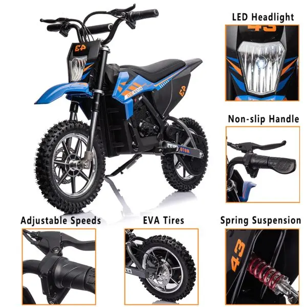 36V Kids' Electric Dirt Bike – 350W Motor, 15.5 MPH Max Speed, LED Lights, Blue